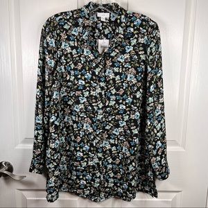 J. Jill Black Floral Print Button Front Shirt Layered Ling Sleeve Sz S P